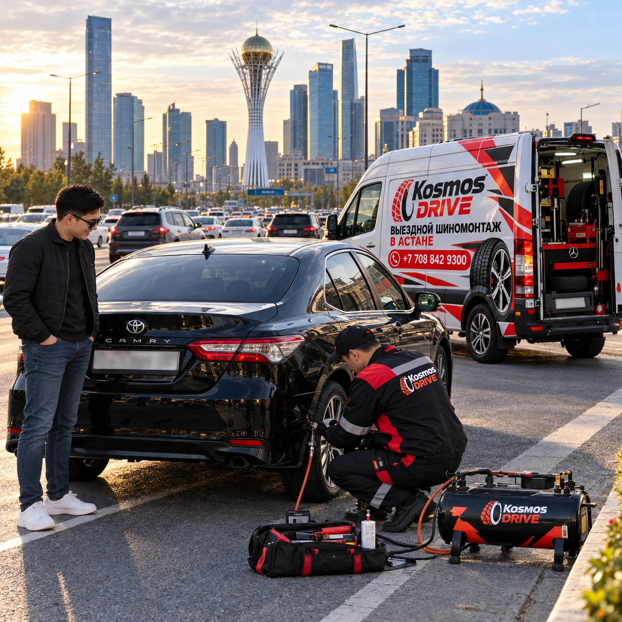 Ремонт колеса Toyota Camry 70 на выезде в Есильском районе Астаны экипажем Kosmos Drive