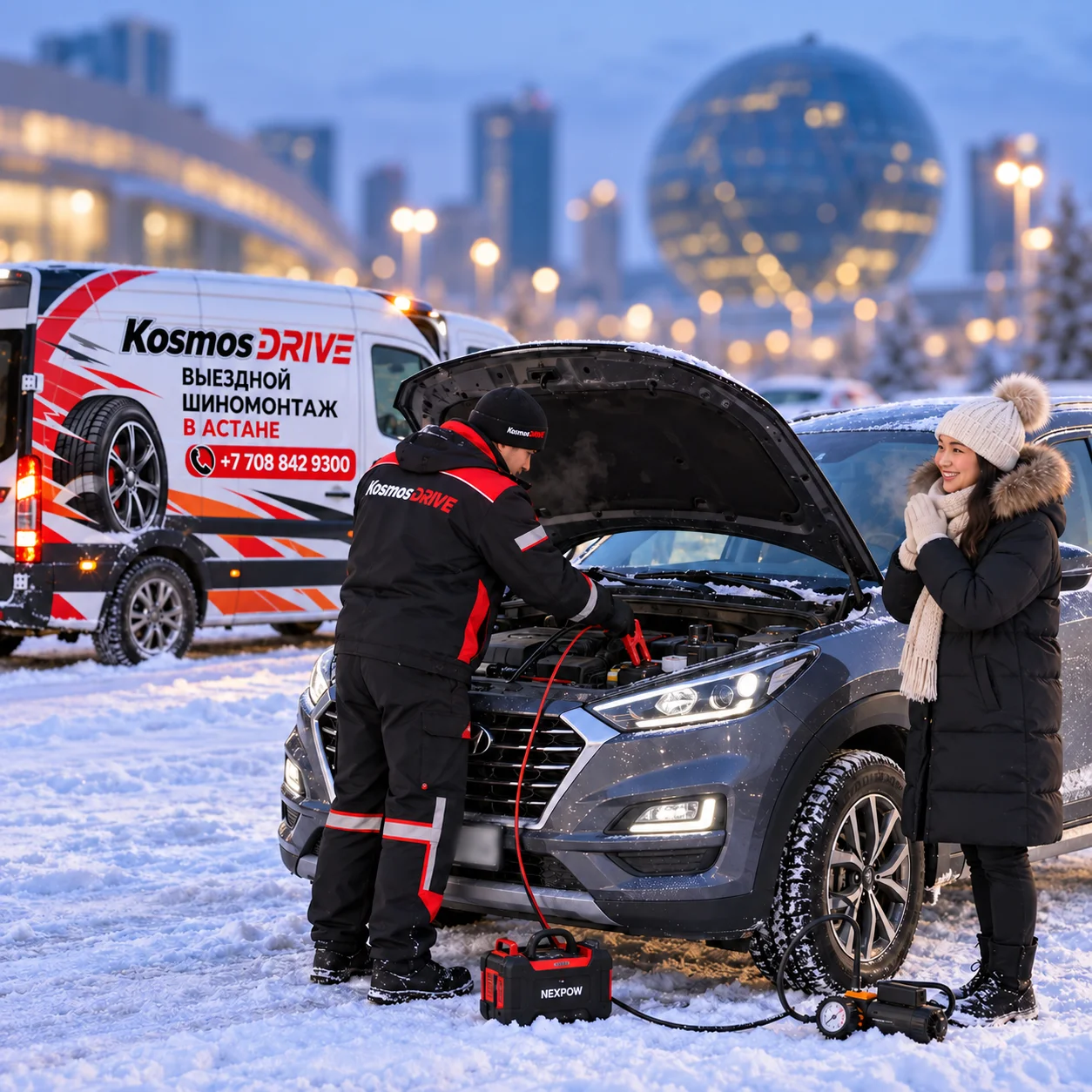 Срочный пуск двигателя и подкачка колес Hyundai Tucson в мороз -30 возле сферы EXPO Астана